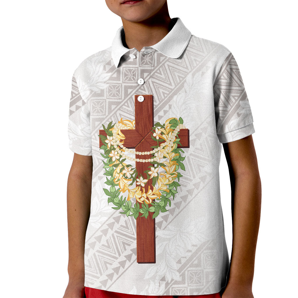 Hawaii ⁠Ka Pule a ka Haku Memorial Kid Polo Shirt Flower Lei Cross - Ivory White