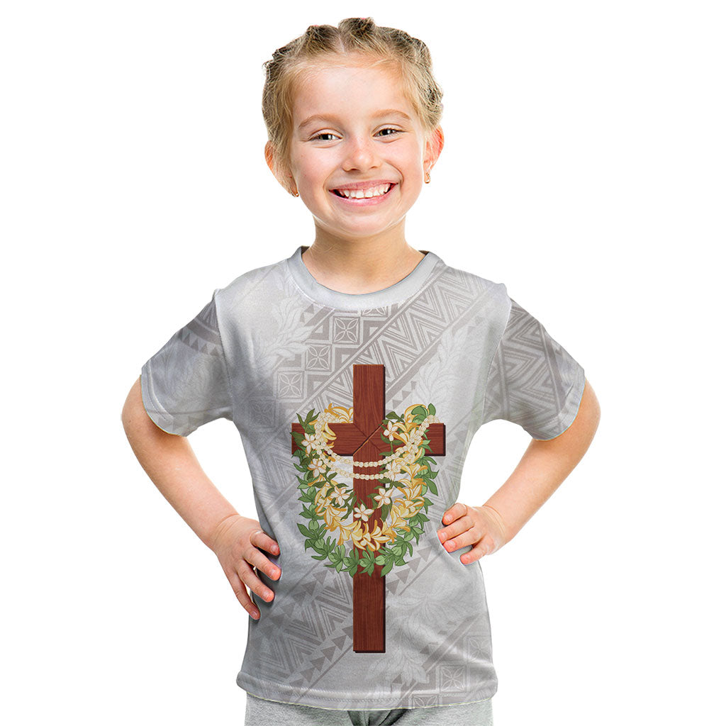 Hawaii ⁠Ka Pule a ka Haku Memorial Kid T Shirt Flower Lei Cross - Ivory White