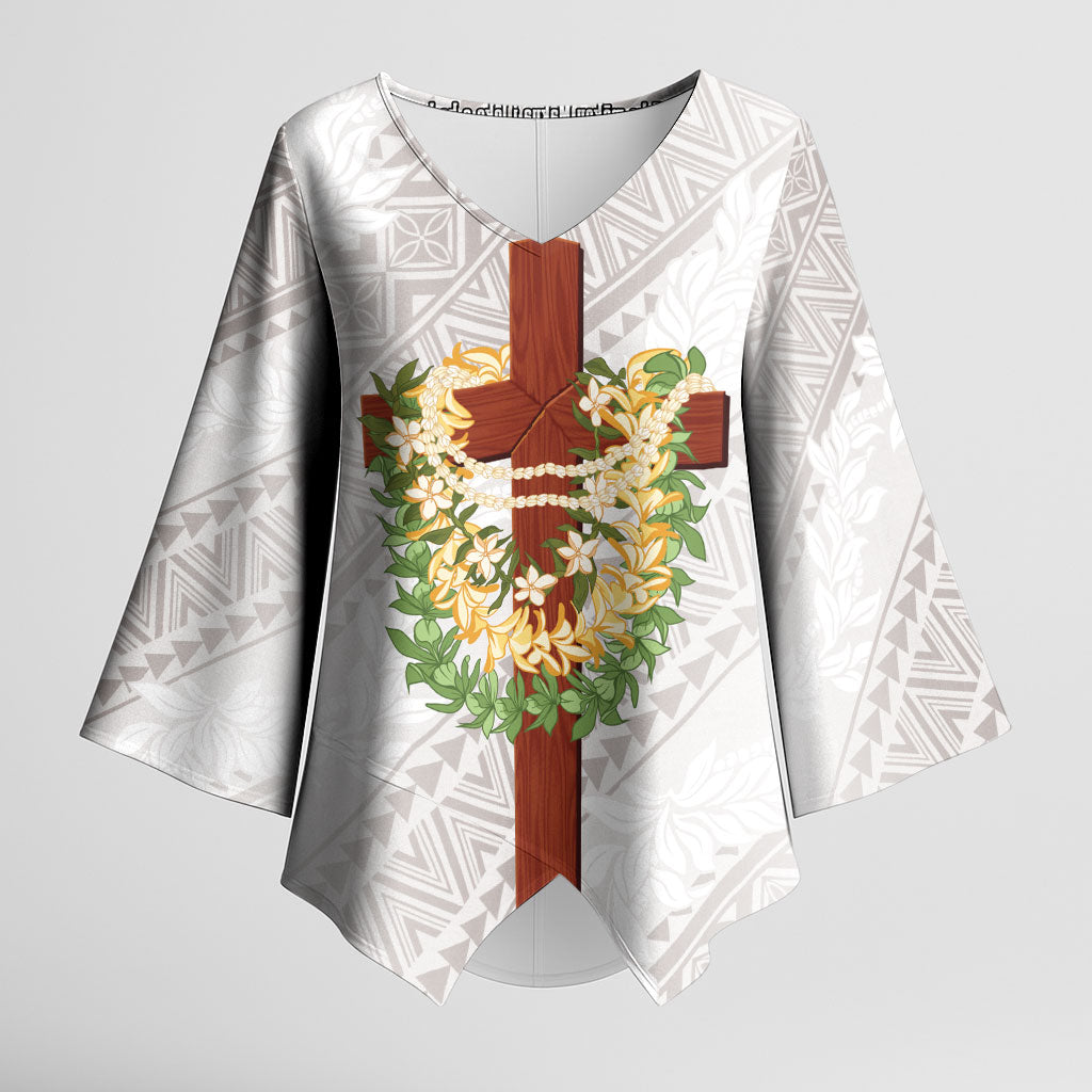 Hawaii ⁠Ka Pule a ka Haku Memorial Kimono Sleeve Blouse Flower Lei Cross - Ivory White