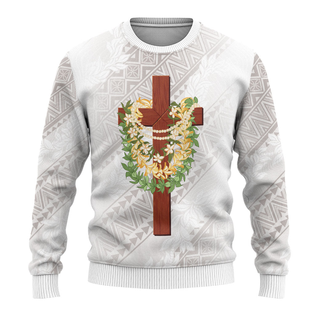 Hawaii ⁠Ka Pule a ka Haku Memorial Ugly Christmas Sweater Flower Lei Cross - Ivory White