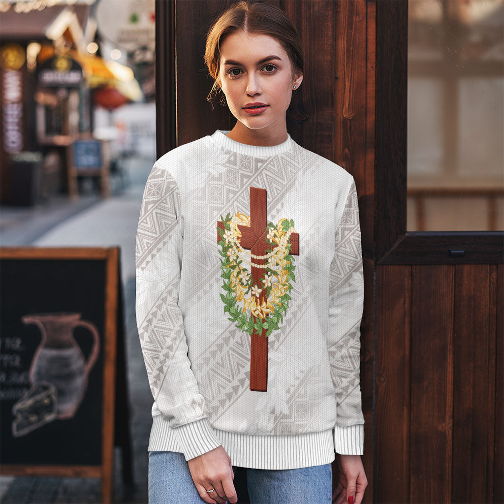 Hawaii ⁠Ka Pule a ka Haku Memorial Ugly Christmas Sweater Flower Lei Cross - Ivory White