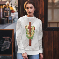 Hawaii ⁠Ka Pule a ka Haku Memorial Ugly Christmas Sweater Flower Lei Cross - Ivory White