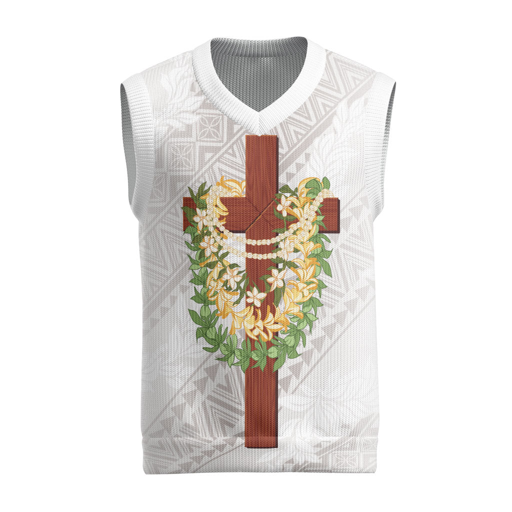 Hawaii ⁠Ka Pule a ka Haku Memorial Christmas Knitted V-Neck Vest Flower Lei Cross - Ivory White