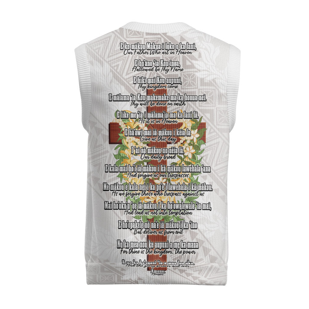 Hawaii ⁠Ka Pule a ka Haku Memorial Christmas Knitted V-Neck Vest Flower Lei Cross - Ivory White