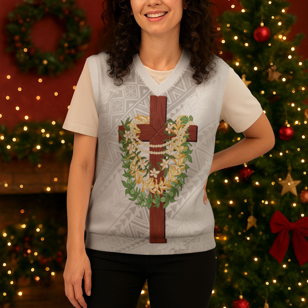 Hawaii ⁠Ka Pule a ka Haku Memorial Christmas Knitted V-Neck Vest Flower Lei Cross - Ivory White
