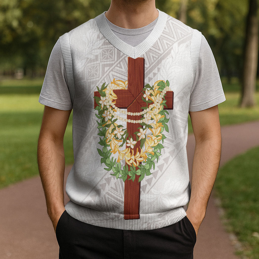 Hawaii ⁠Ka Pule a ka Haku Memorial Christmas Knitted V-Neck Vest Flower Lei Cross - Ivory White