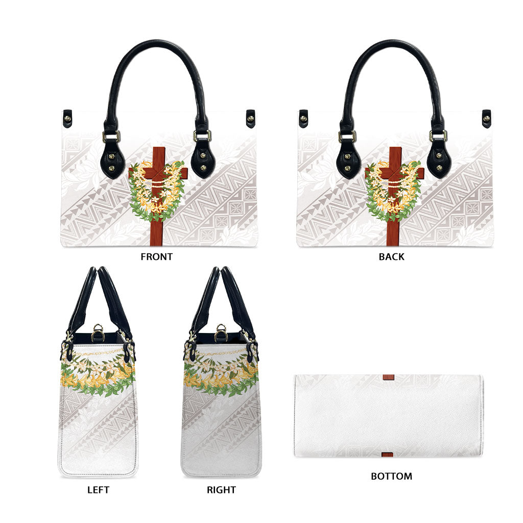 Hawaii ⁠Ka Pule a ka Haku Memorial Leather Bag Flower Lei Cross - Ivory White