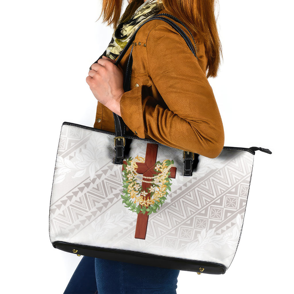 Hawaii ⁠Ka Pule a ka Haku Memorial Leather Tote Bag Flower Lei Cross - Ivory White