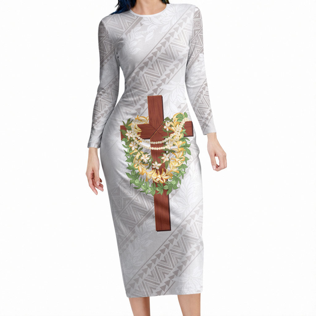 Hawaii ⁠Ka Pule a ka Haku Memorial Long Sleeve Bodycon Dress Flower Lei Cross - Ivory White