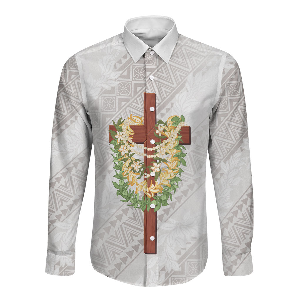 Hawaii ⁠Ka Pule a ka Haku Memorial Long Sleeve Button Shirt Flower Lei Cross - Ivory White