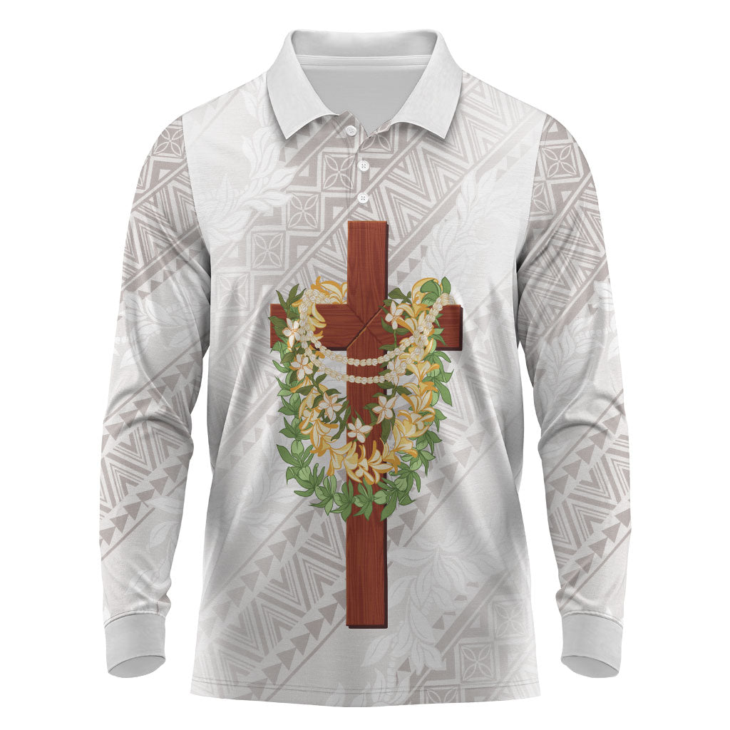Hawaii ⁠Ka Pule a ka Haku Memorial Long Sleeve Polo Shirt Flower Lei Cross - Ivory White