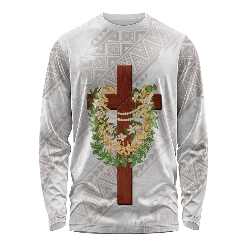 Hawaii ⁠Ka Pule a ka Haku Memorial Long Sleeve Shirt Flower Lei Cross - Ivory White