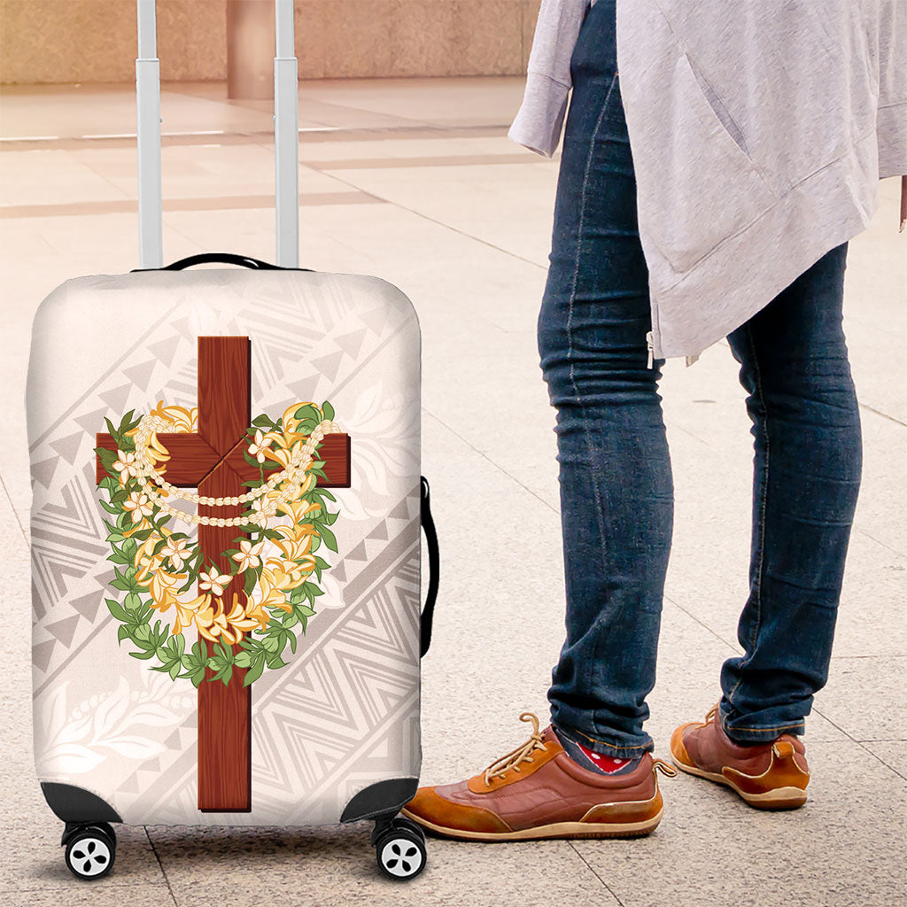 Hawaii ⁠Ka Pule a ka Haku Memorial Luggage Cover Flower Lei Cross - Ivory White