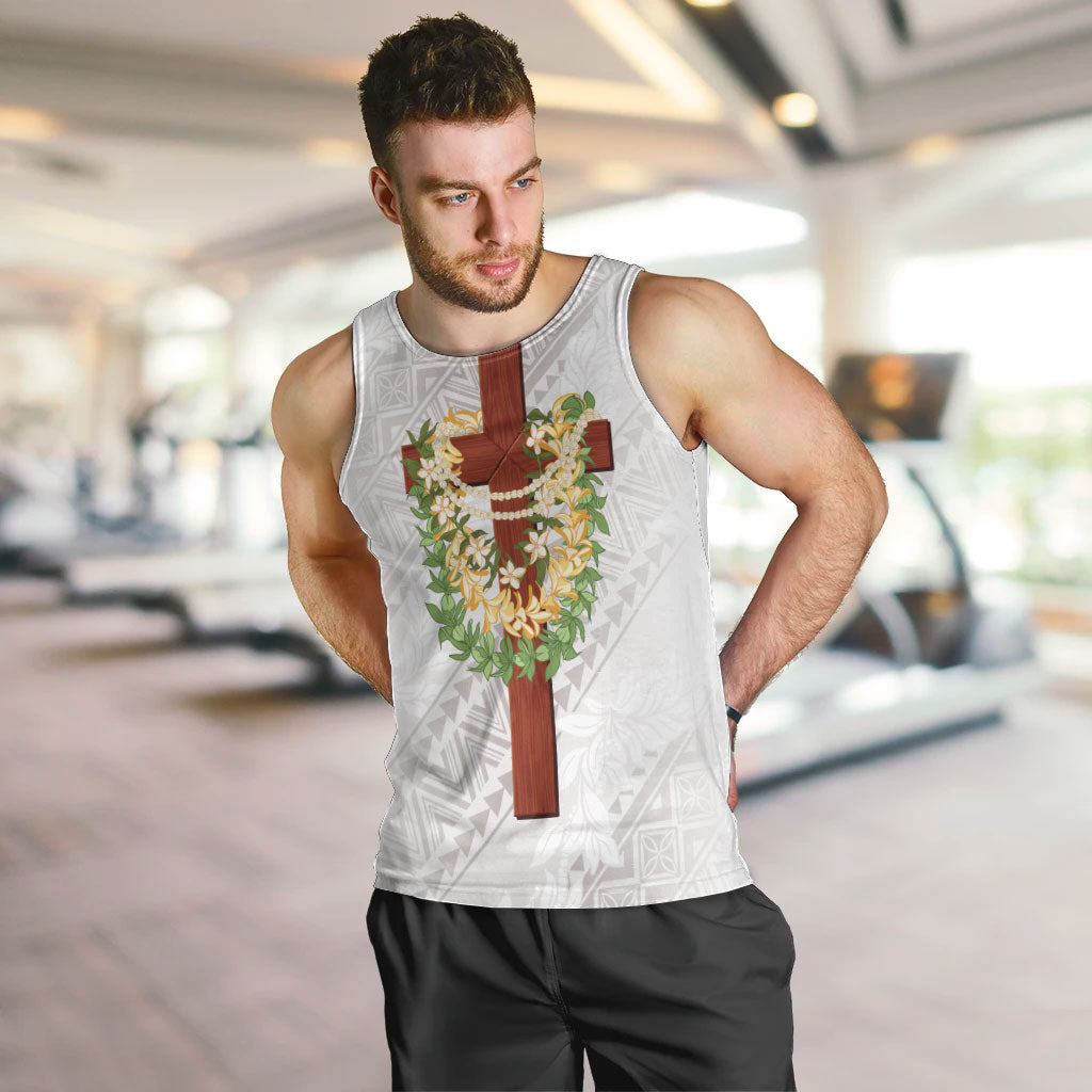 Hawaii ⁠Ka Pule a ka Haku Memorial Men Tank Top Flower Lei Cross - Ivory White