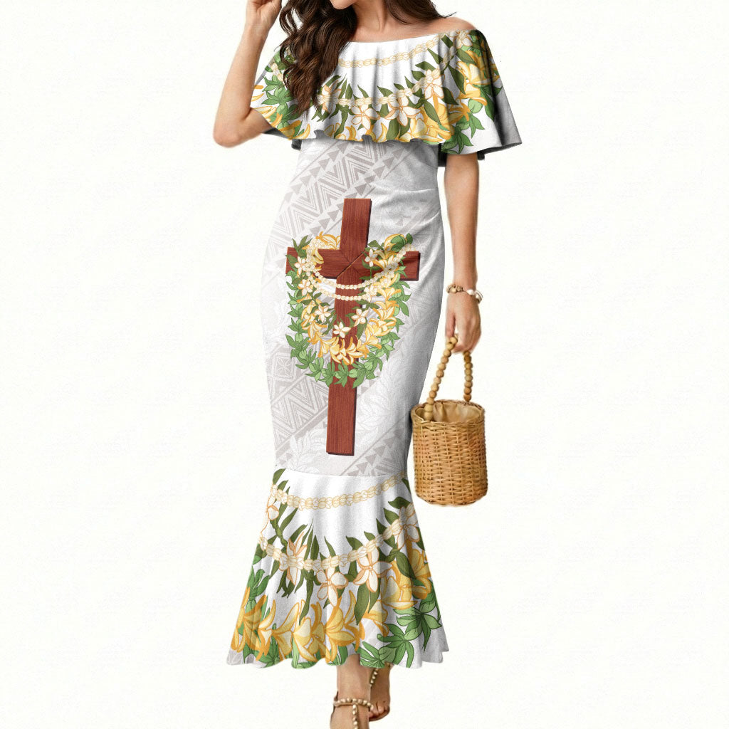 Hawaii ⁠Ka Pule a ka Haku Memorial Mermaid Dress Flower Lei Cross - Ivory White