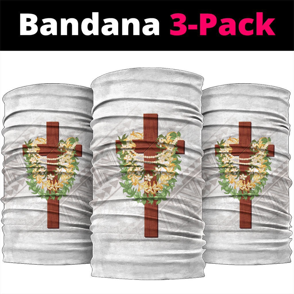 Hawaii ⁠Ka Pule a ka Haku Memorial Neck Gaiter Flower Lei Cross - Ivory White
