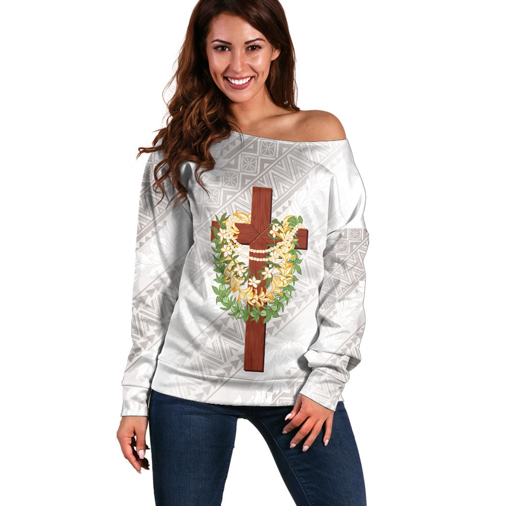 Hawaii ⁠Ka Pule a ka Haku Memorial Off Shoulder Sweater Flower Lei Cross - Ivory White