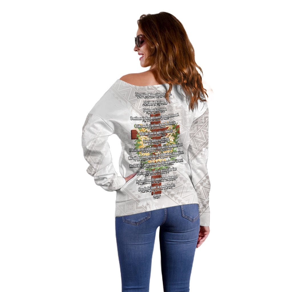 Hawaii ⁠Ka Pule a ka Haku Memorial Off Shoulder Sweater Flower Lei Cross - Ivory White