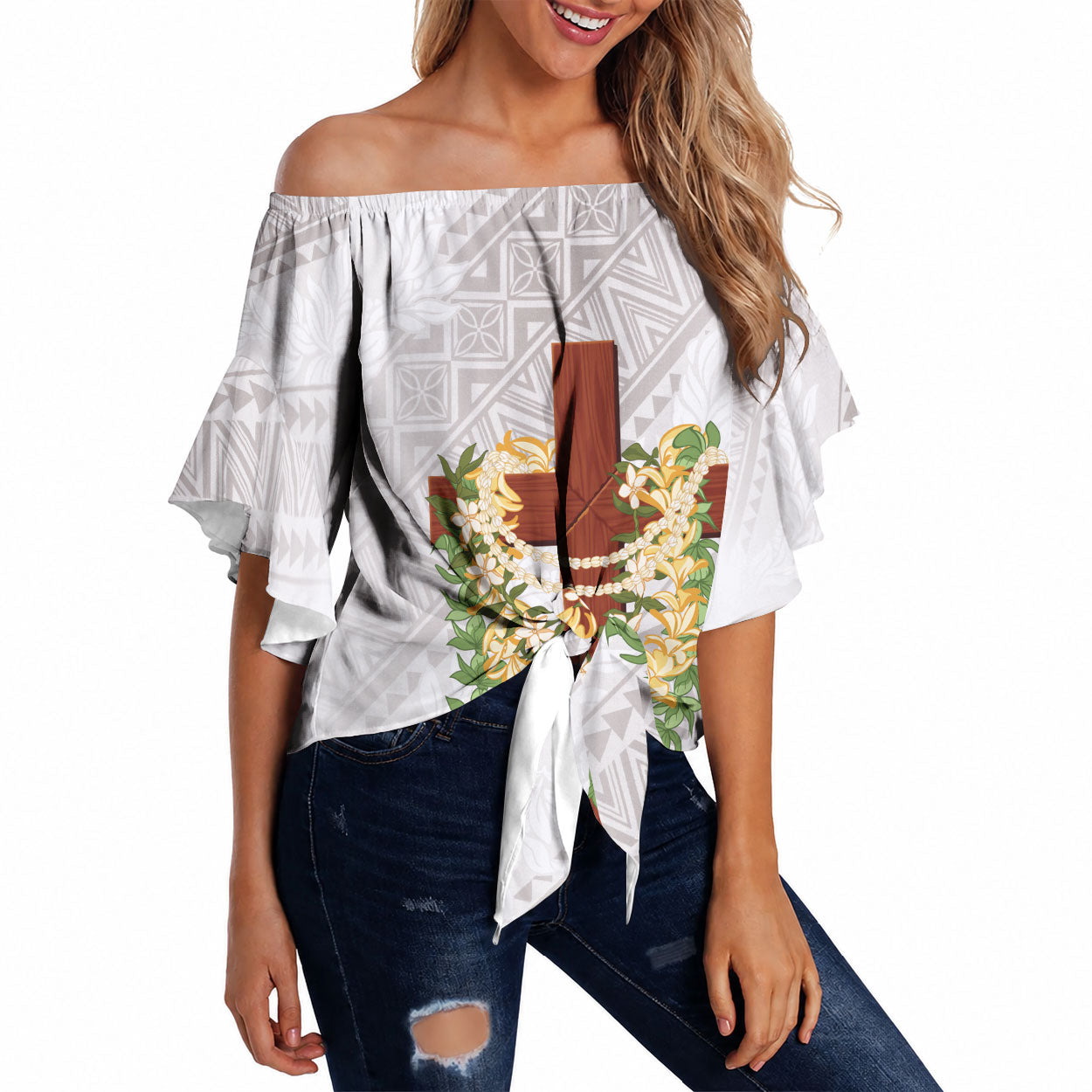 Hawaii ⁠Ka Pule a ka Haku Memorial Off Shoulder Wrap Waist Top Flower Lei Cross - Ivory White