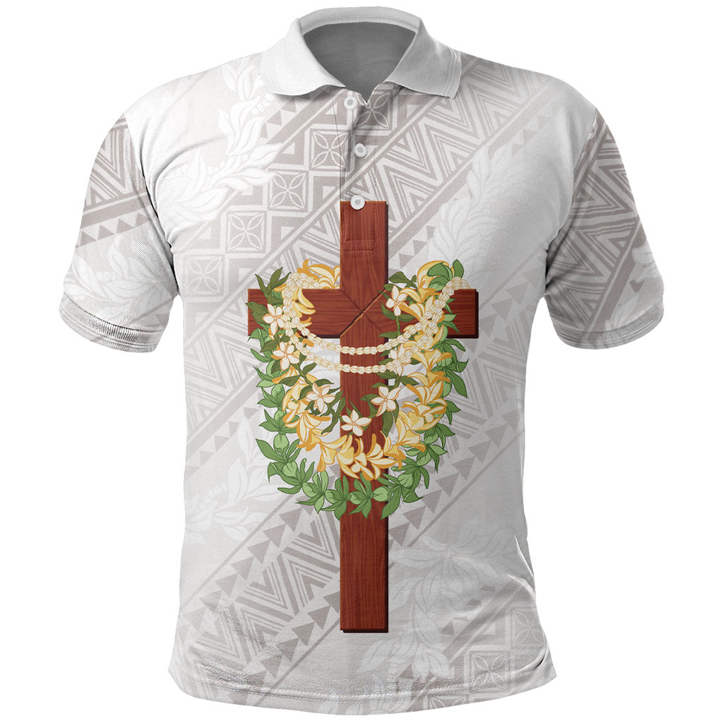 Hawaii ⁠Ka Pule a ka Haku Memorial Polo Shirt Flower Lei Cross - Ivory White
