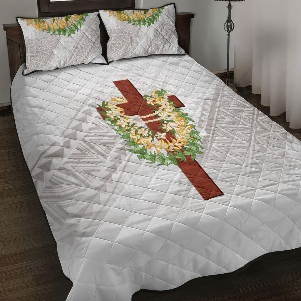 Hawaii ⁠Ka Pule a ka Haku Memorial Quilt Bed Set Flower Lei Cross - Ivory White