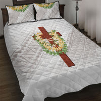 Hawaii ⁠Ka Pule a ka Haku Memorial Quilt Bed Set Flower Lei Cross - Ivory White