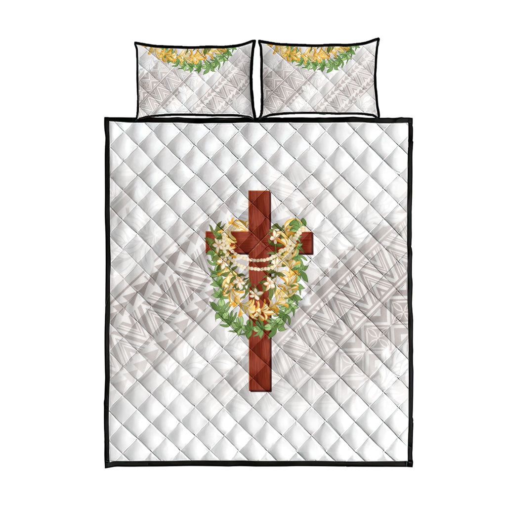 Hawaii ⁠Ka Pule a ka Haku Memorial Quilt Bed Set Flower Lei Cross - Ivory White