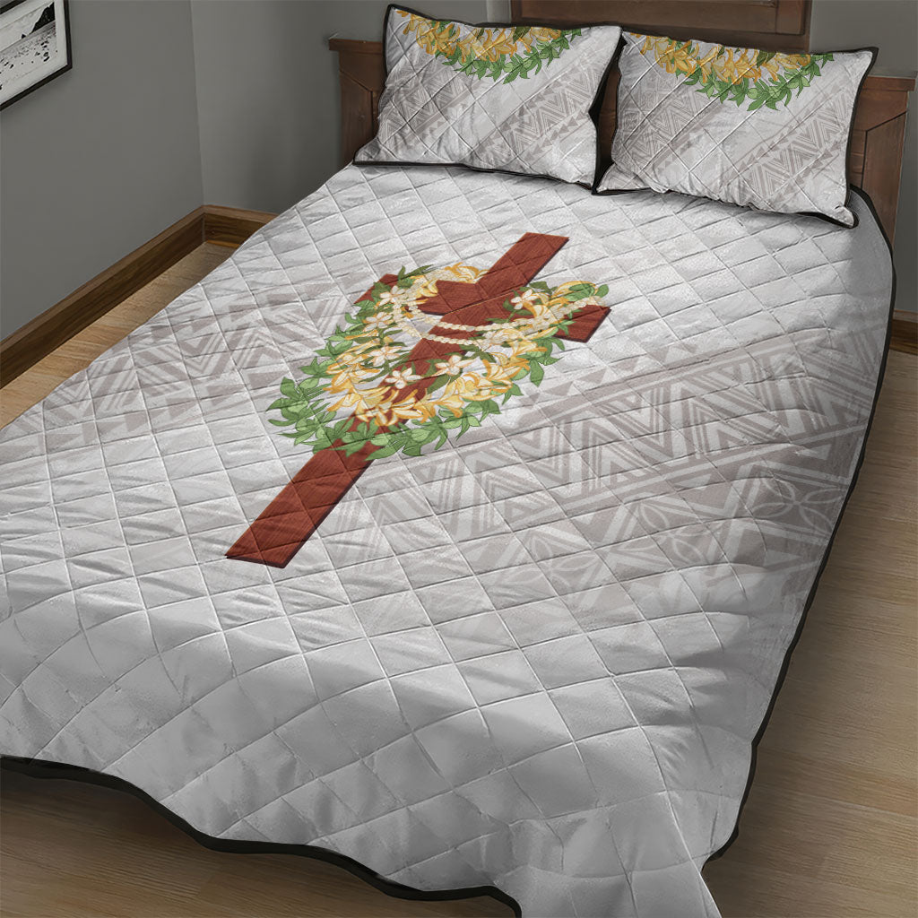 Hawaii ⁠Ka Pule a ka Haku Memorial Quilt Bed Set Flower Lei Cross - Ivory White