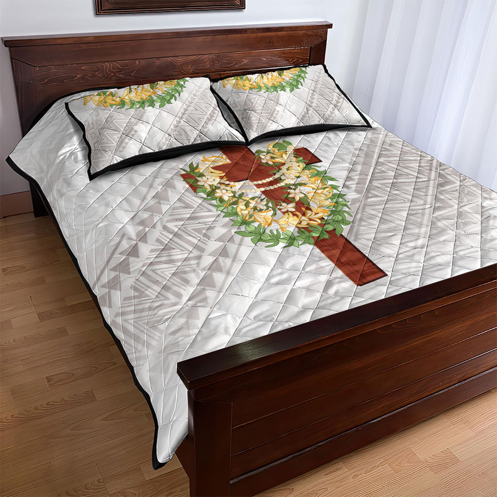 Hawaii ⁠Ka Pule a ka Haku Memorial Quilt Bed Set Flower Lei Cross - Ivory White