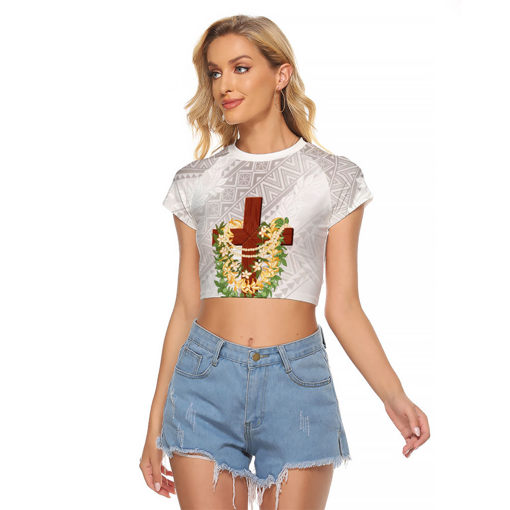 Hawaii ⁠Ka Pule a ka Haku Memorial Raglan Cropped T Shirt Flower Lei Cross - Ivory White