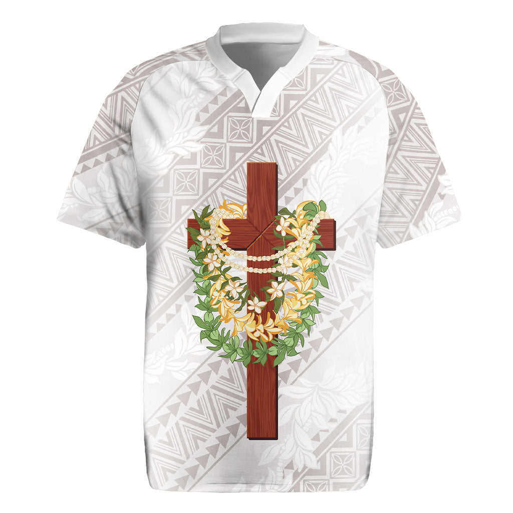 Hawaii ⁠Ka Pule a ka Haku Memorial Rugby Jersey Flower Lei Cross - Ivory White