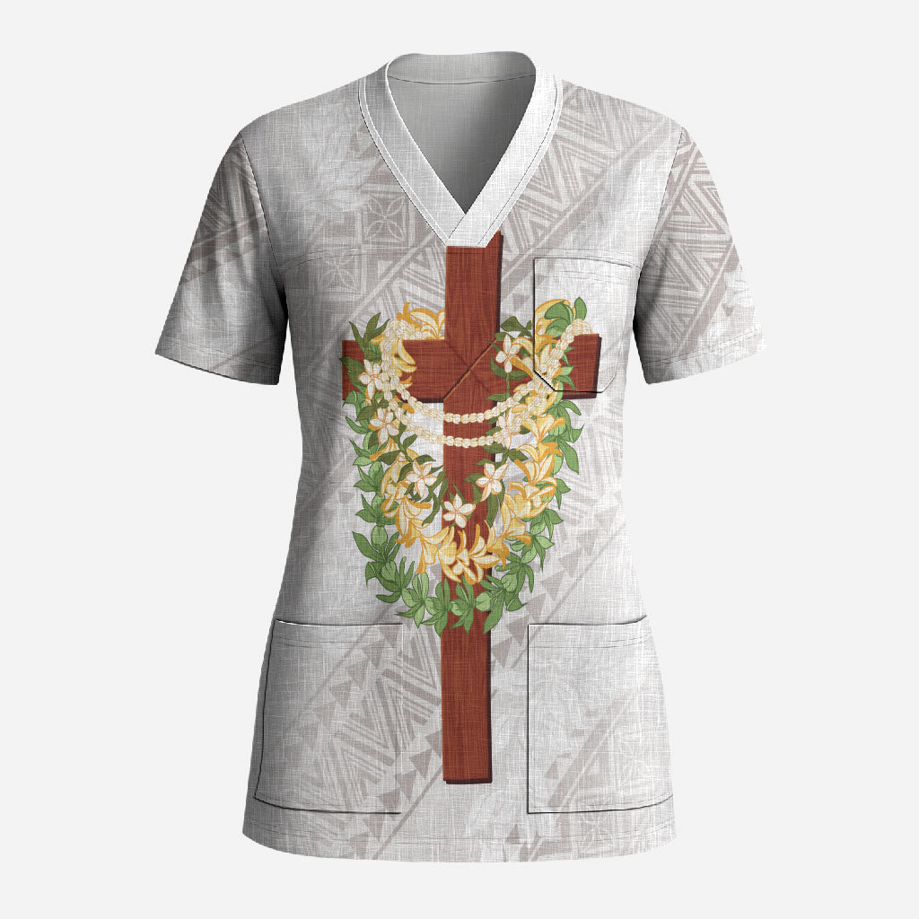 Hawaii ⁠Ka Pule a ka Haku Memorial Scrub Top Flower Lei Cross - Ivory White