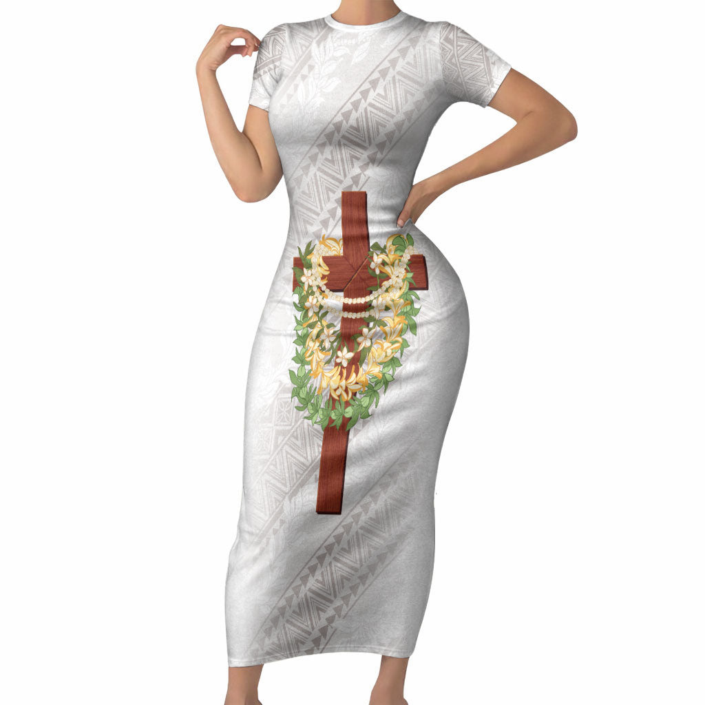 Hawaii ⁠Ka Pule a ka Haku Memorial Short Sleeve Bodycon Dress Flower Lei Cross - Ivory White
