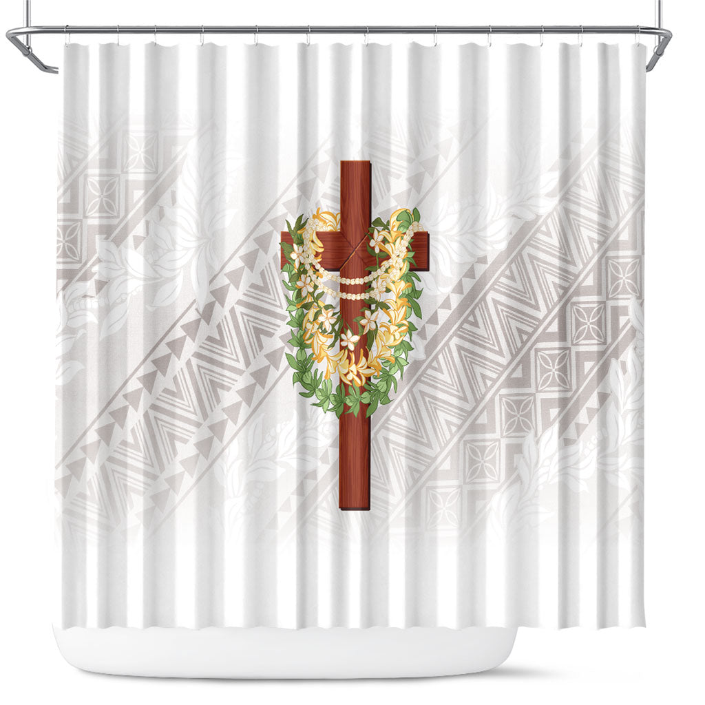 Hawaii ⁠Ka Pule a ka Haku Memorial Shower Curtain Flower Lei Cross - Ivory White
