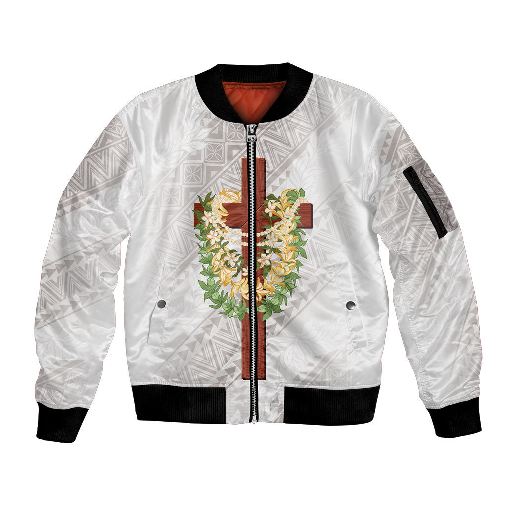 Hawaii ⁠Ka Pule a ka Haku Memorial Sleeve Zip Bomber Jacket Flower Lei Cross - Ivory White