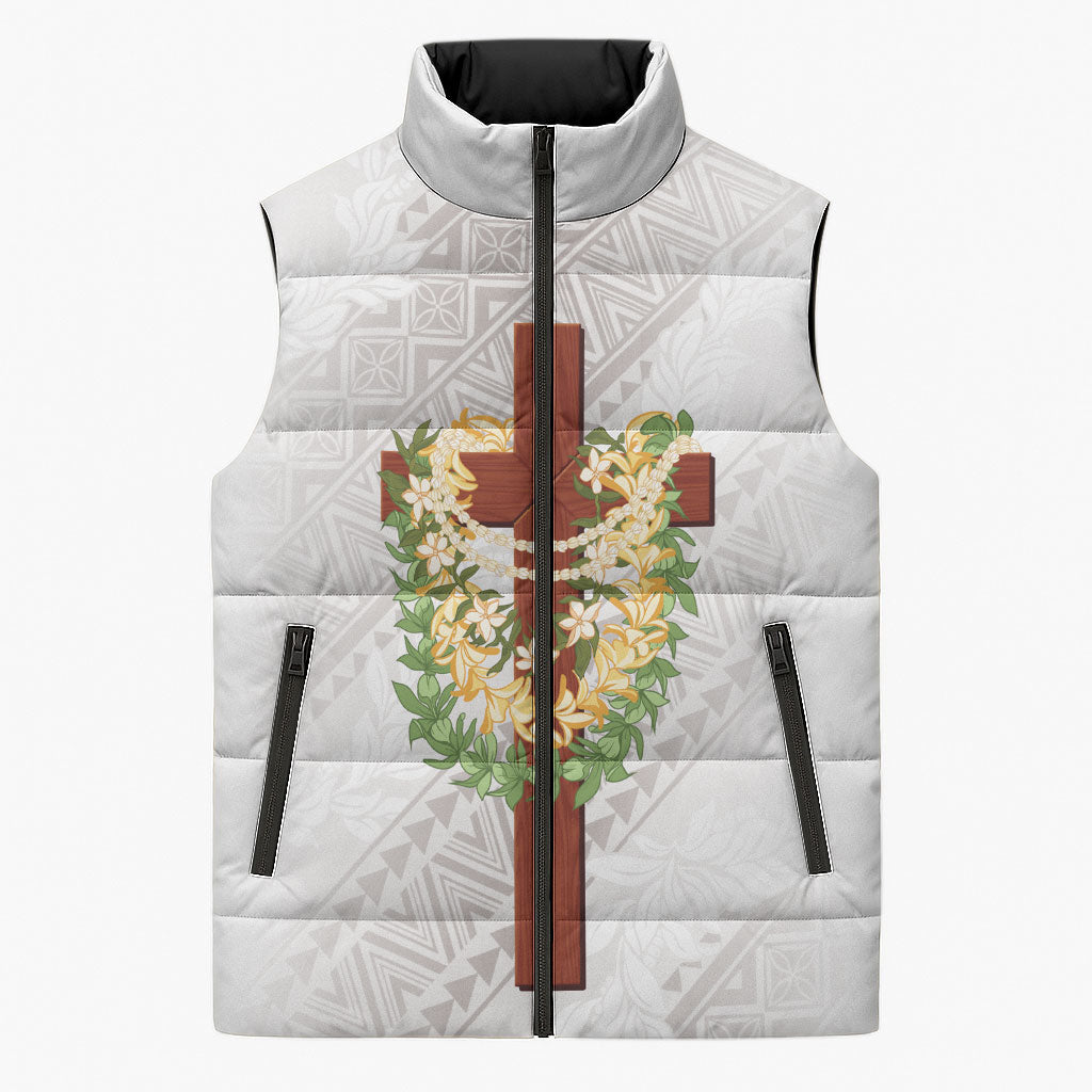 Hawaii ⁠Ka Pule a ka Haku Memorial Sleeveless Puffer Jacket Flower Lei Cross - Ivory White
