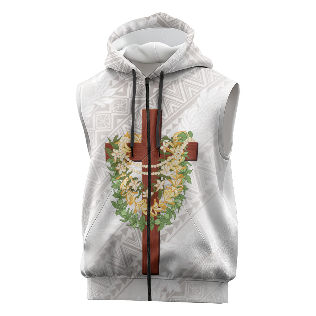 Hawaii ⁠Ka Pule a ka Haku Memorial Sleeveless Zip Hoodie Flower Lei Cross - Ivory White