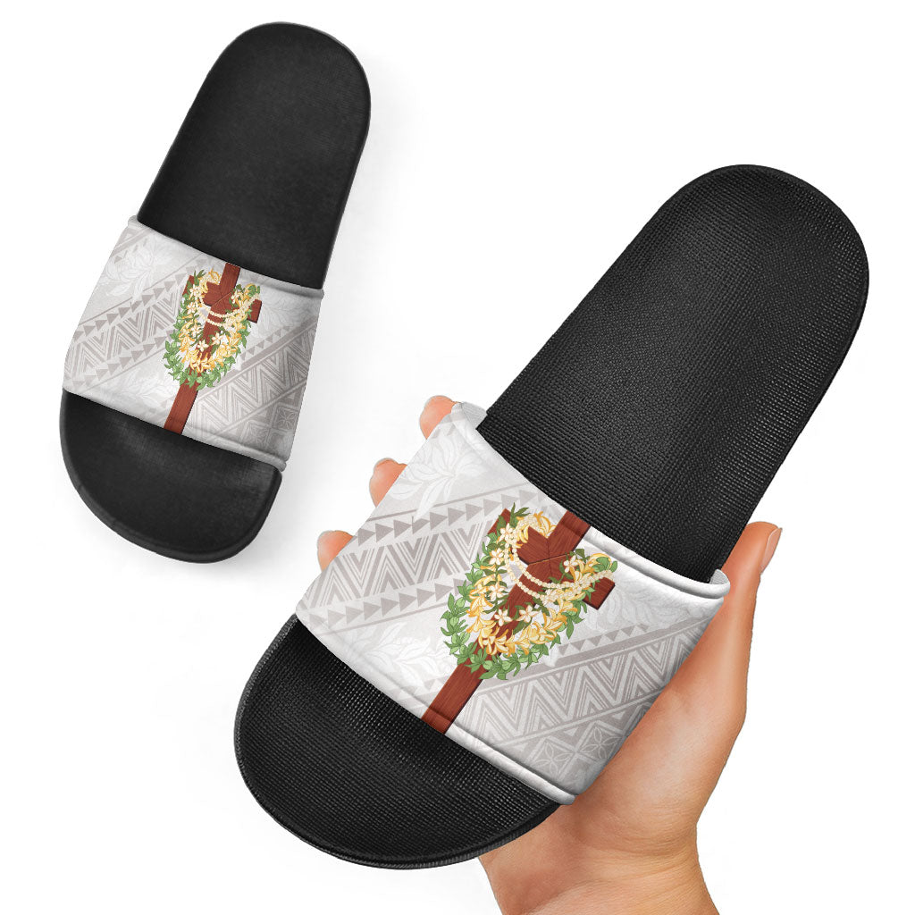 Hawaii ⁠Ka Pule a ka Haku Memorial Slide Sandals Flower Lei Cross - Ivory White