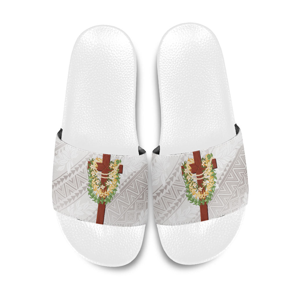 Hawaii ⁠Ka Pule a ka Haku Memorial Slide Sandals Flower Lei Cross - Ivory White