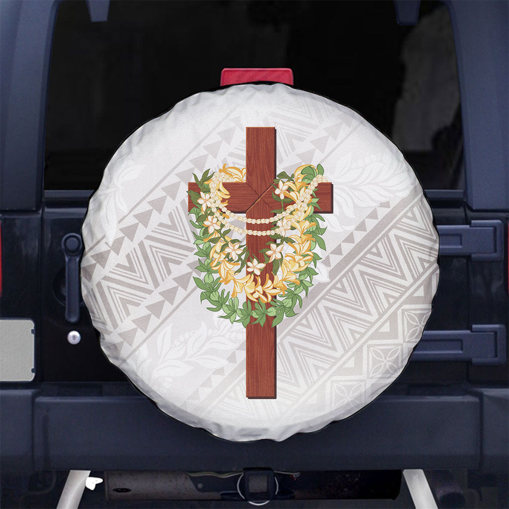 Hawaii ⁠Ka Pule a ka Haku Memorial Spare Tire Cover Flower Lei Cross - Ivory White