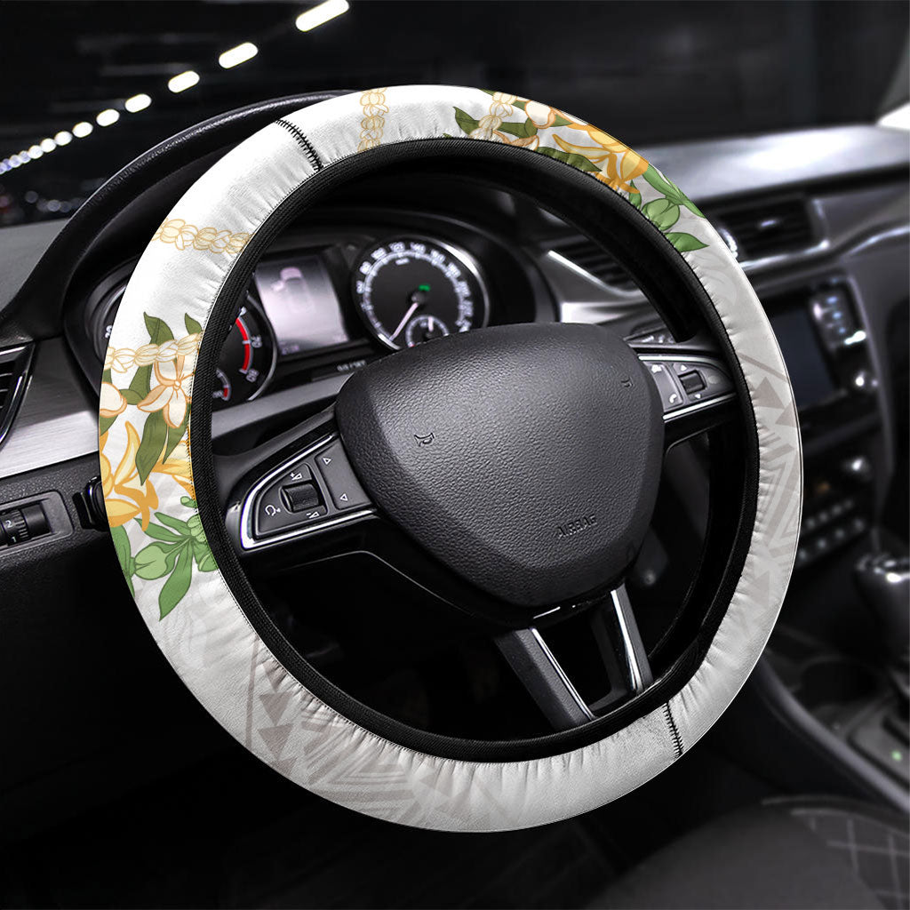 Hawaii ⁠Ka Pule a ka Haku Memorial Steering Wheel Cover Flower Lei Cross - Ivory White