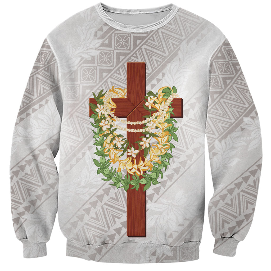 Hawaii ⁠Ka Pule a ka Haku Memorial Sweatshirt Flower Lei Cross - Ivory White