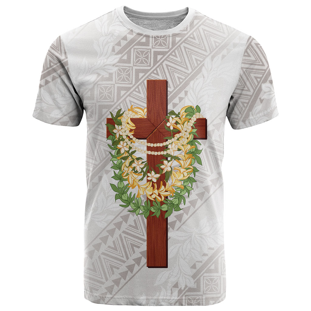 Hawaii ⁠Ka Pule a ka Haku Memorial T Shirt Flower Lei Cross - Ivory White