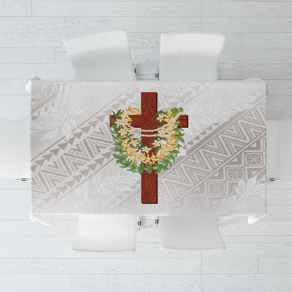 Hawaii ⁠Ka Pule a ka Haku Memorial Tablecloth Flower Lei Cross - Ivory White