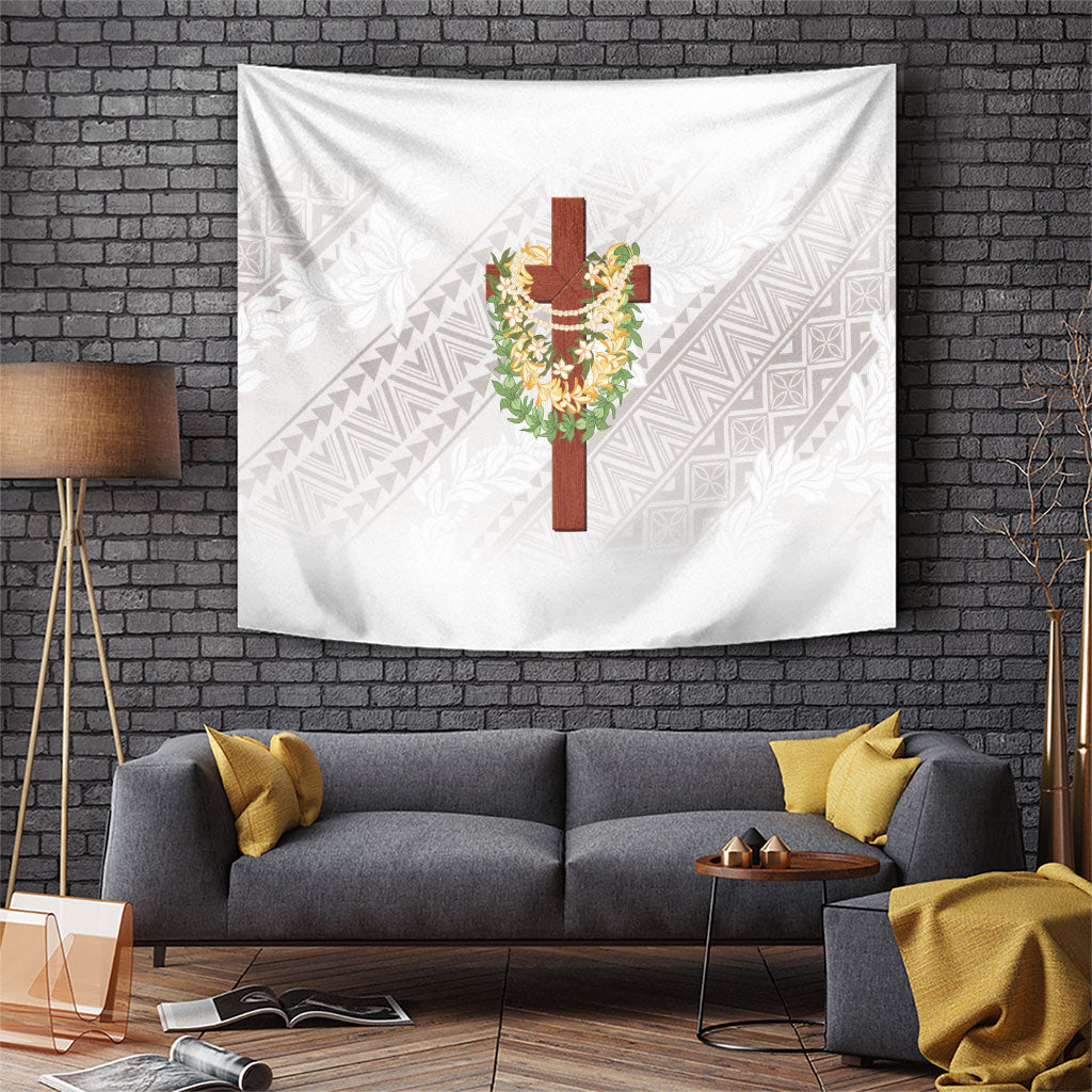 Hawaii ⁠Ka Pule a ka Haku Memorial Tapestry Flower Lei Cross - Ivory White