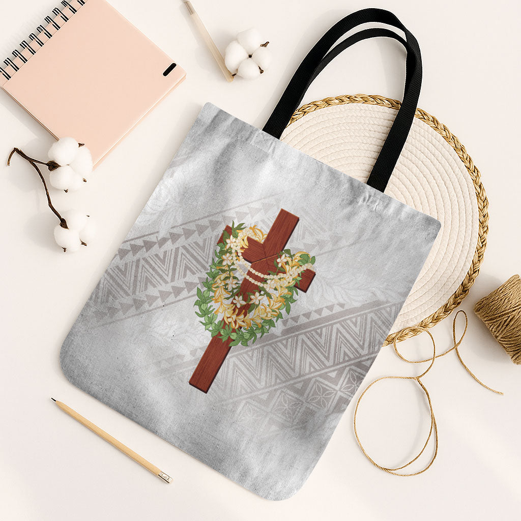 Hawaii ⁠Ka Pule a ka Haku Memorial Tote Bag Flower Lei Cross - Ivory White