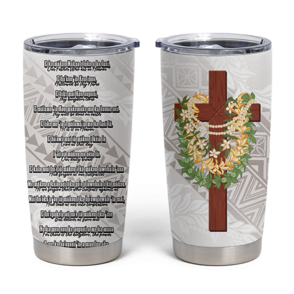 Hawaii ⁠Ka Pule a ka Haku Memorial Tumbler Cup Flower Lei Cross - Ivory White