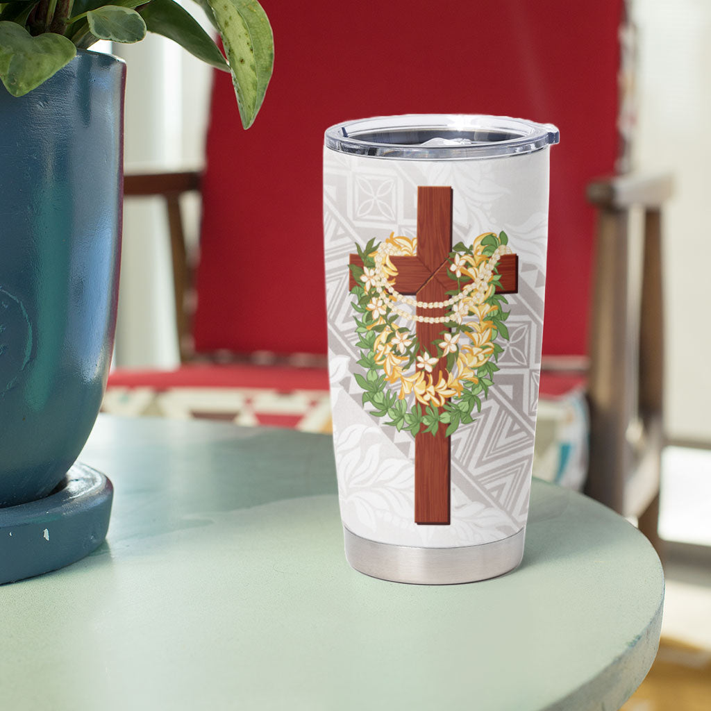 Hawaii ⁠Ka Pule a ka Haku Memorial Tumbler Cup Flower Lei Cross - Ivory White