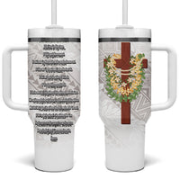 Hawaii ⁠Ka Pule a ka Haku Memorial Tumbler With Handle Flower Lei Cross - Ivory White