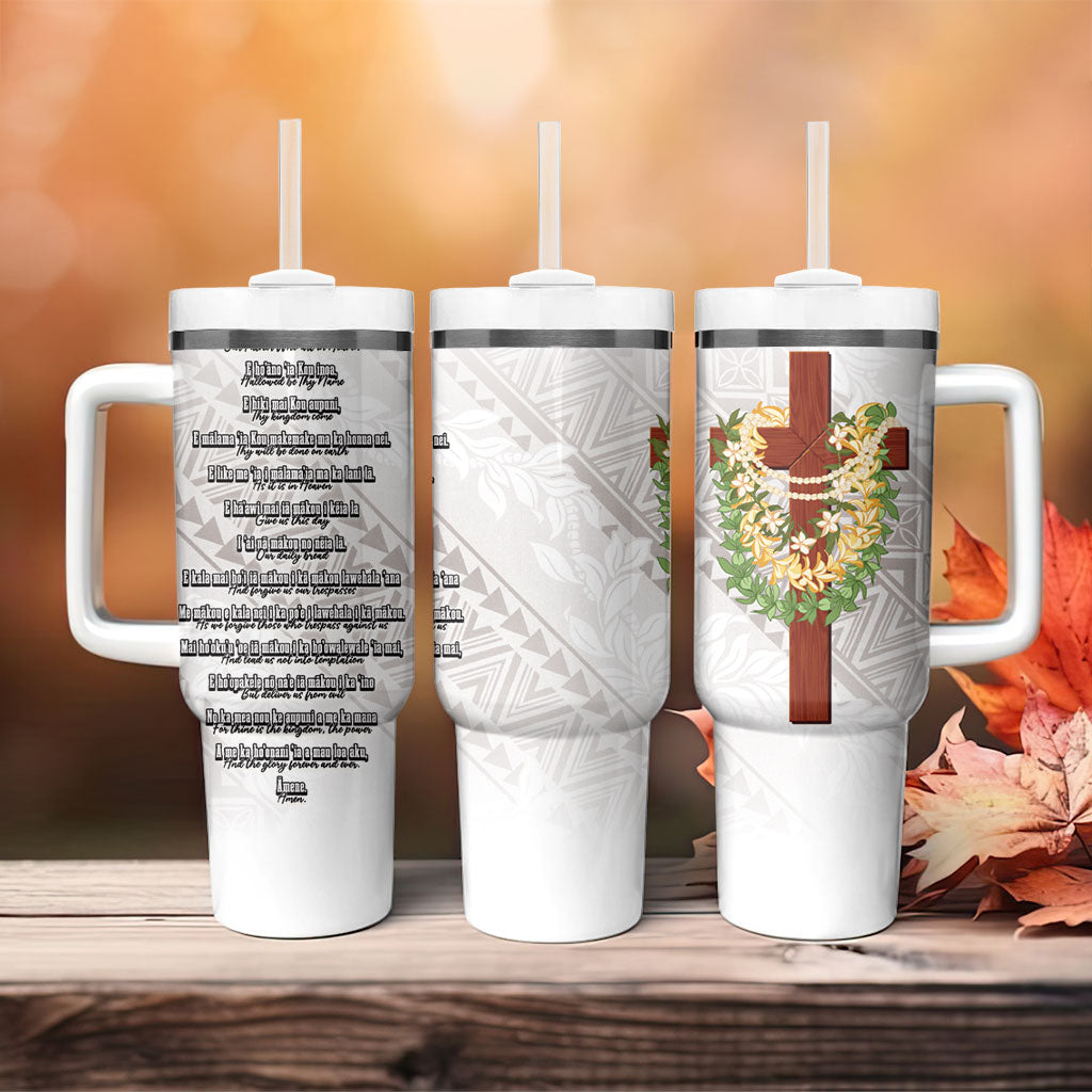 Hawaii ⁠Ka Pule a ka Haku Memorial Tumbler With Handle Flower Lei Cross - Ivory White